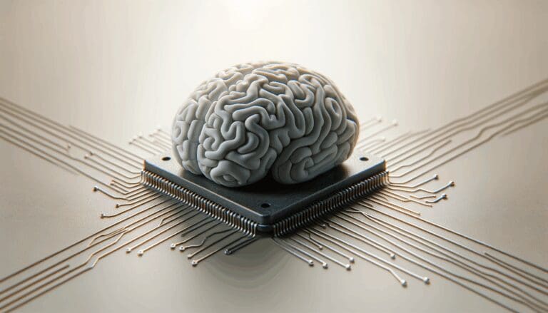 Primer plano de un microchip conectado a un cerebro artificial sobre fondo neutro, estilo tecnológico minimalista.