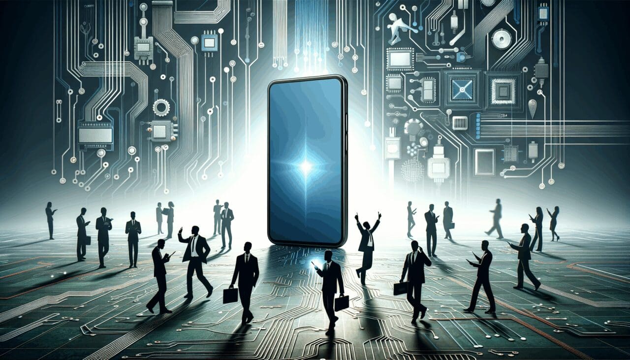 Ilustración de un smartphone emergiendo entre circuitos y siluetas de emprendedores en un entorno tecnológico moderno.