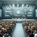 Auditorio moderno durante un congreso tecnológico, público atento y pantallas con gráficos digitales.