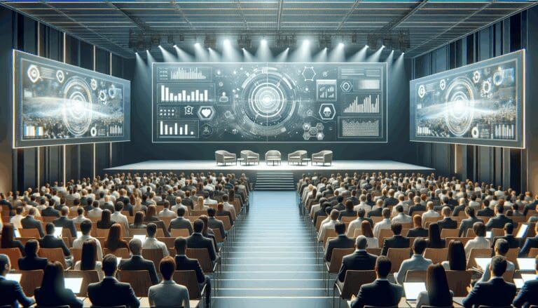 Auditorio moderno durante un congreso tecnológico, público atento y pantallas con gráficos digitales.
