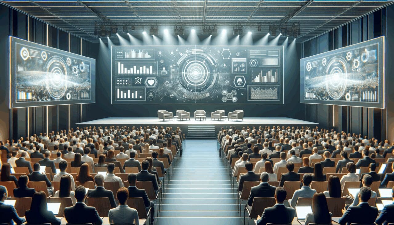 Auditorio moderno durante un congreso tecnológico, público atento y pantallas con gráficos digitales.