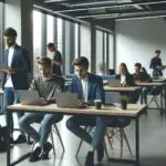 Sala de coworking moderna con jóvenes emprendedores trabajando en laptops, ambiente tecnológico y colaborativo.