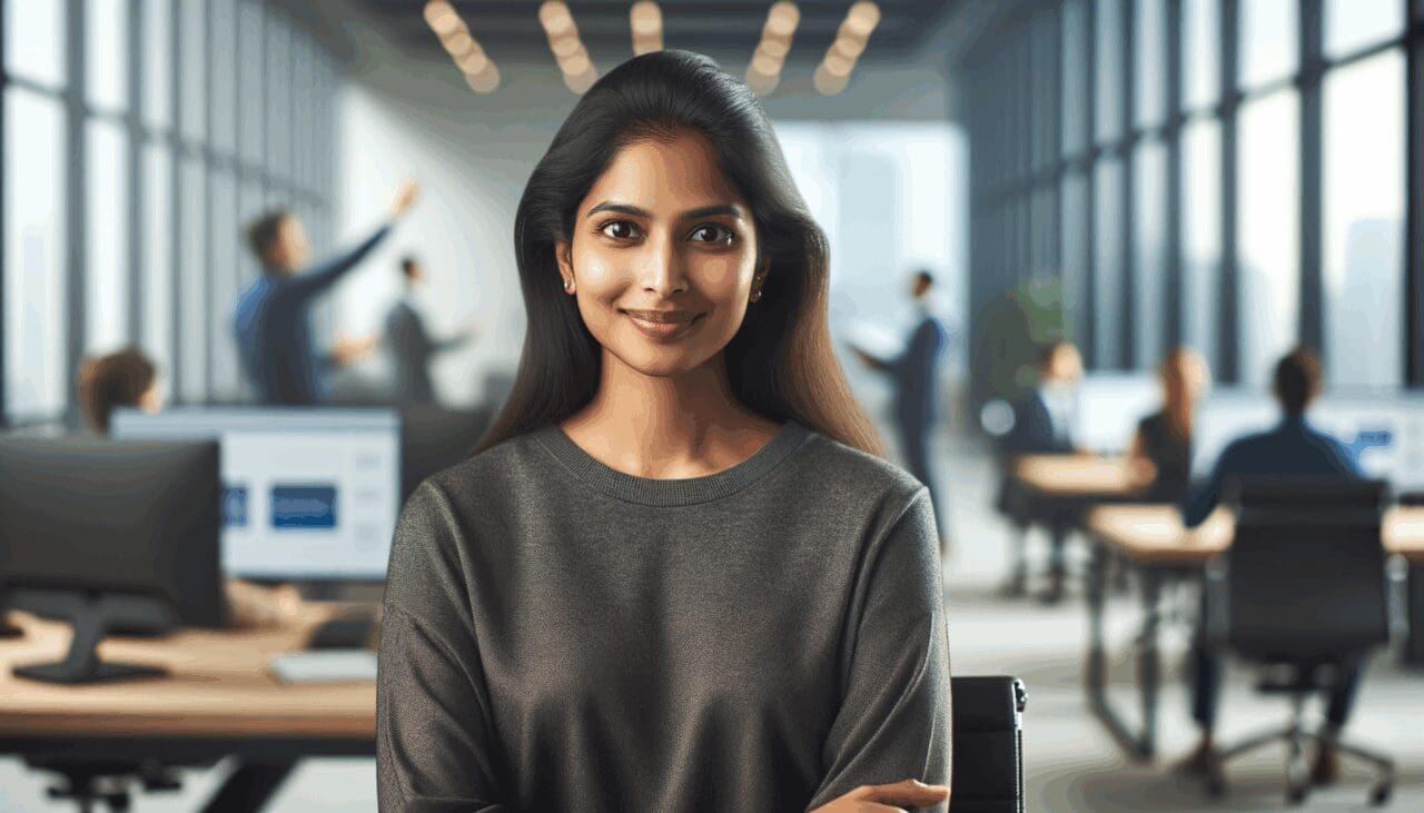 Retrato de una emprendedora en su oficina moderna, con fondo tecnológico y ambiente profesional.