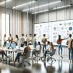 Oficinas modernas con equipo joven colaborando en pizarras digitales y tecnología innovadora.