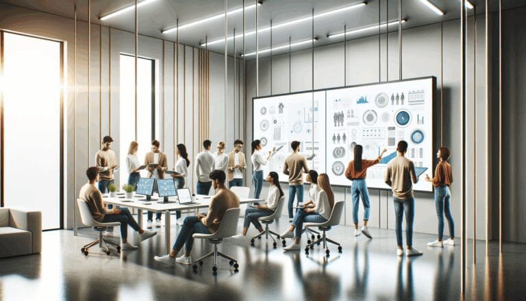 Oficinas modernas con equipo joven colaborando en pizarras digitales y tecnología innovadora.