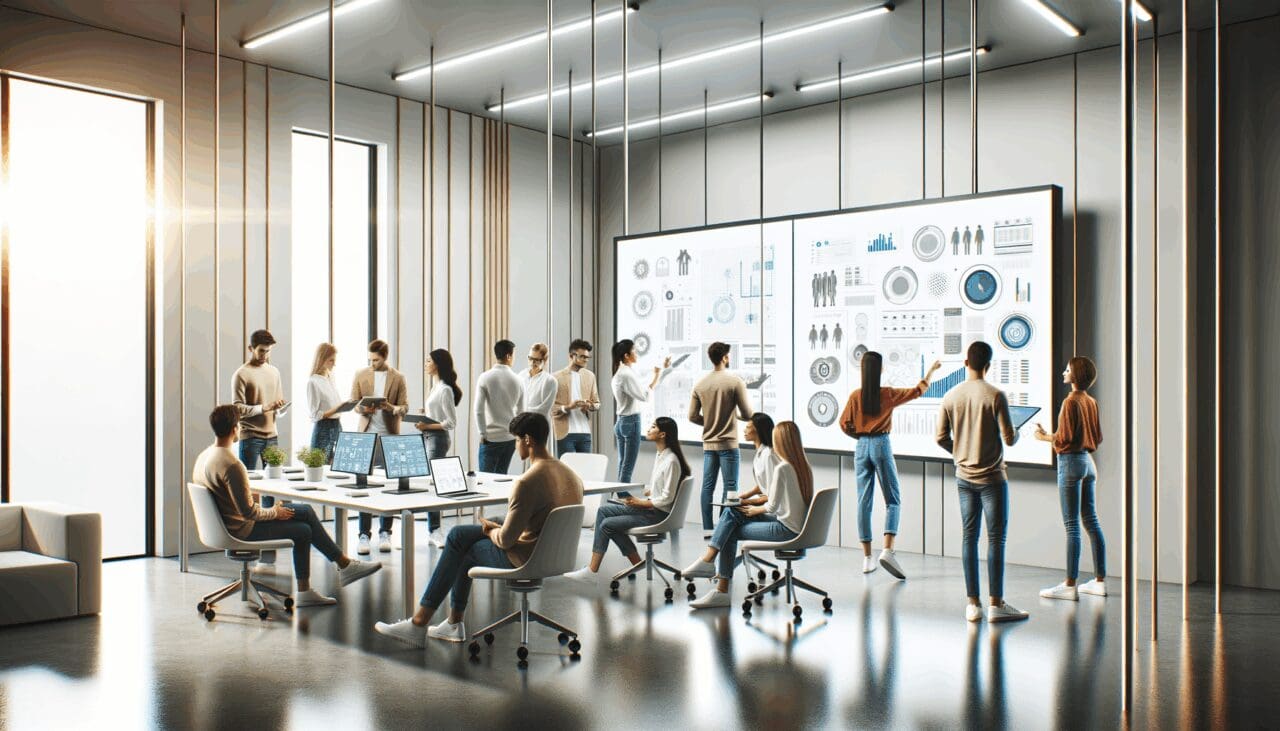 Oficinas modernas con equipo joven colaborando en pizarras digitales y tecnología innovadora.