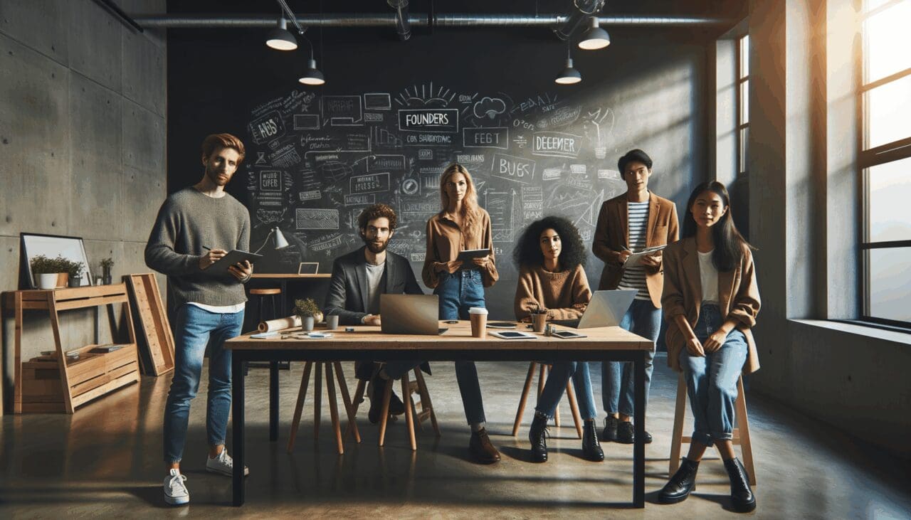 Jóvenes fundadores colaborando en un moderno espacio de coworking con pizarras y laptops.