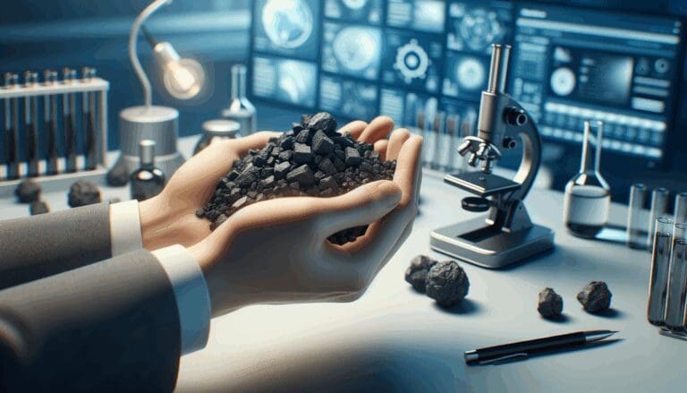 Primer plano de manos sosteniendo una sustancia similar al carbón en un laboratorio moderno, con materiales tecnológicos de fondo.