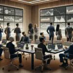 Un grupo de emprendedores revisando gráficos financieros digitales en una sala de reuniones moderna, con pantallas mostrando criptomonedas.