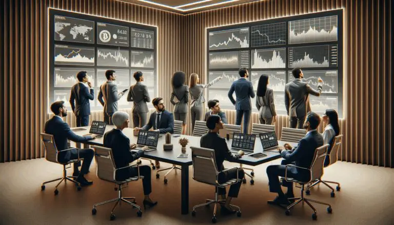 Un grupo de emprendedores revisando gráficos financieros digitales en una sala de reuniones moderna, con pantallas mostrando criptomonedas.