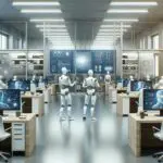 Oficina moderna con equipos de tecnología trabajando en proyectos de inteligencia artificial.