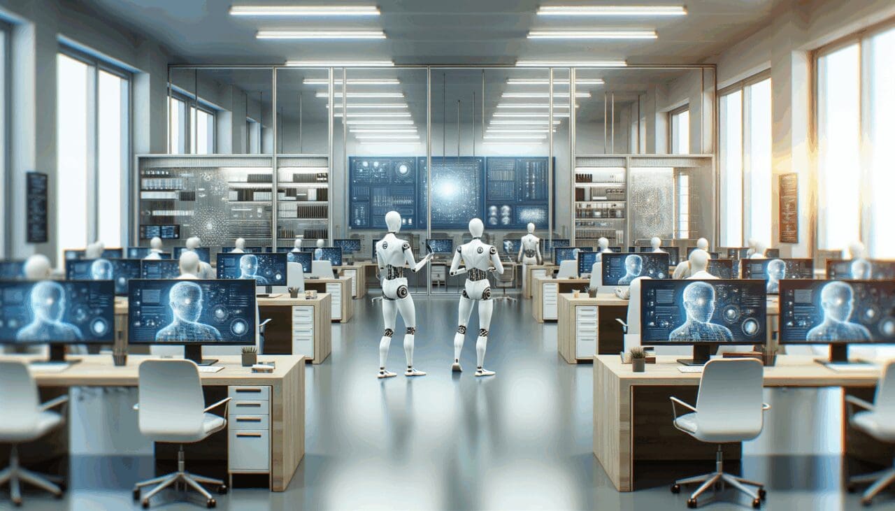 Oficina moderna con equipos de tecnología trabajando en proyectos de inteligencia artificial.