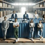 Jóvenes emprendedores gestionando contenedores de ropa reciclada en un entorno urbano moderno.