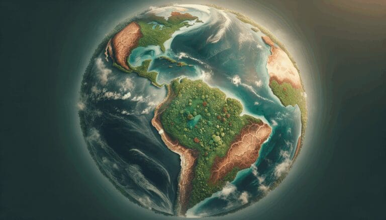 Fotografía aérea de un bosque sudamericano con áreas verdes y zonas afectadas por incendio, observadas desde el espacio.