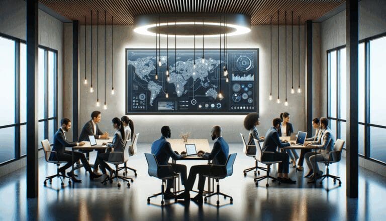 Personas colaborando en una sala moderna con pizarras digitales y laptops, ambiente de innovación tecnológica.