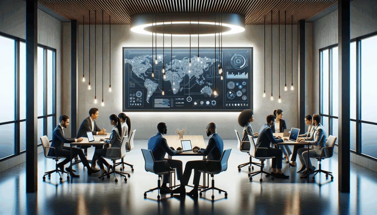 Personas colaborando en una sala moderna con pizarras digitales y laptops, ambiente de innovación tecnológica.