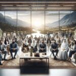 Emprendedores reunidos en un espacio coworking moderno con fondo de paisajes naturales del sur de Chile.