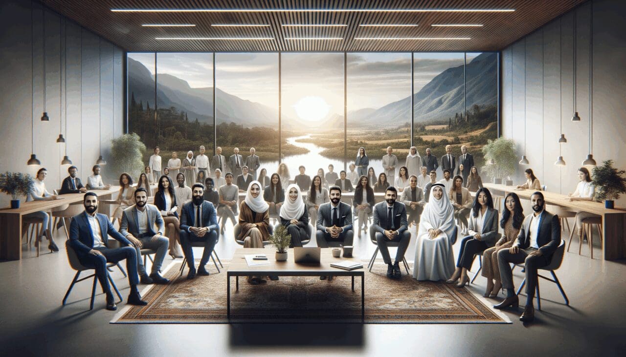 Emprendedores reunidos en un espacio coworking moderno con fondo de paisajes naturales del sur de Chile.