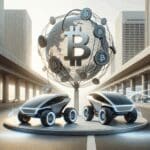 Concepto futurista de vehículos eléctricos y tecnología blockchain sobre un fondo urbano minimalista.