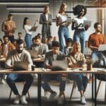 Grupo diverso de emprendedoras y emprendedores tecnológicos en un espacio de coworking moderno, con laptops y pizarras digitales.