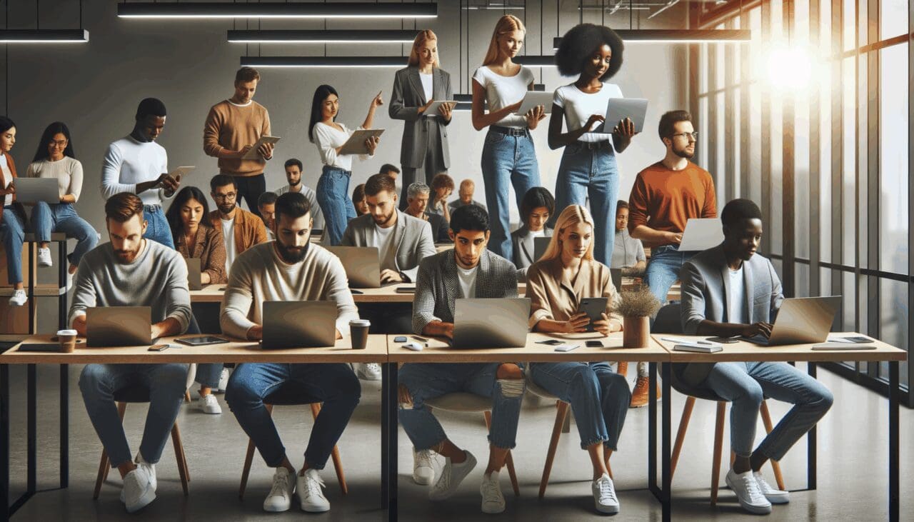 Grupo diverso de emprendedoras y emprendedores tecnológicos en un espacio de coworking moderno, con laptops y pizarras digitales.