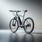 Bicicleta eléctrica moderna sobre fondo minimalista, enfocada en sus detalles tecnológicos, sin marcas visibles.