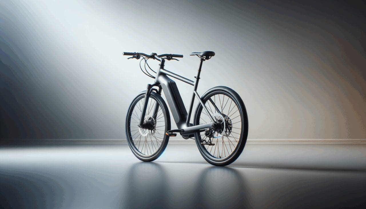 Bicicleta eléctrica moderna sobre fondo minimalista, enfocada en sus detalles tecnológicos, sin marcas visibles.