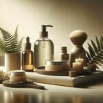 Primer plano de productos cosméticos naturales y botellas de aceites sobre una mesa neutra en ambiente luminoso.