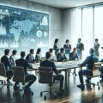 Ejecutivos reunidos en una oficina moderna, colaborando y analizando gráficos digitales sobre una mesa.