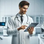 Profesional en bata médica interactuando con un dispositivo digital en un entorno de laboratorio moderno.