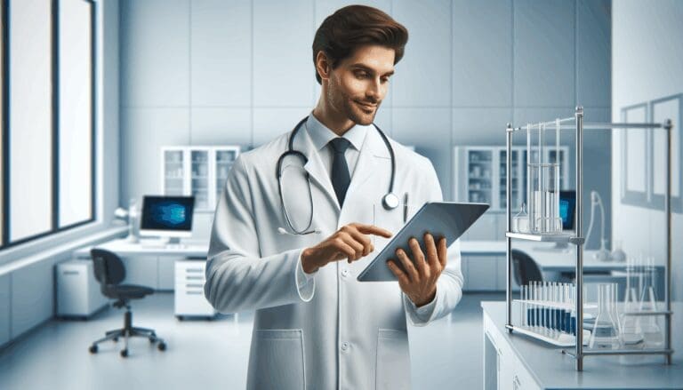 Profesional en bata médica interactuando con un dispositivo digital en un entorno de laboratorio moderno.