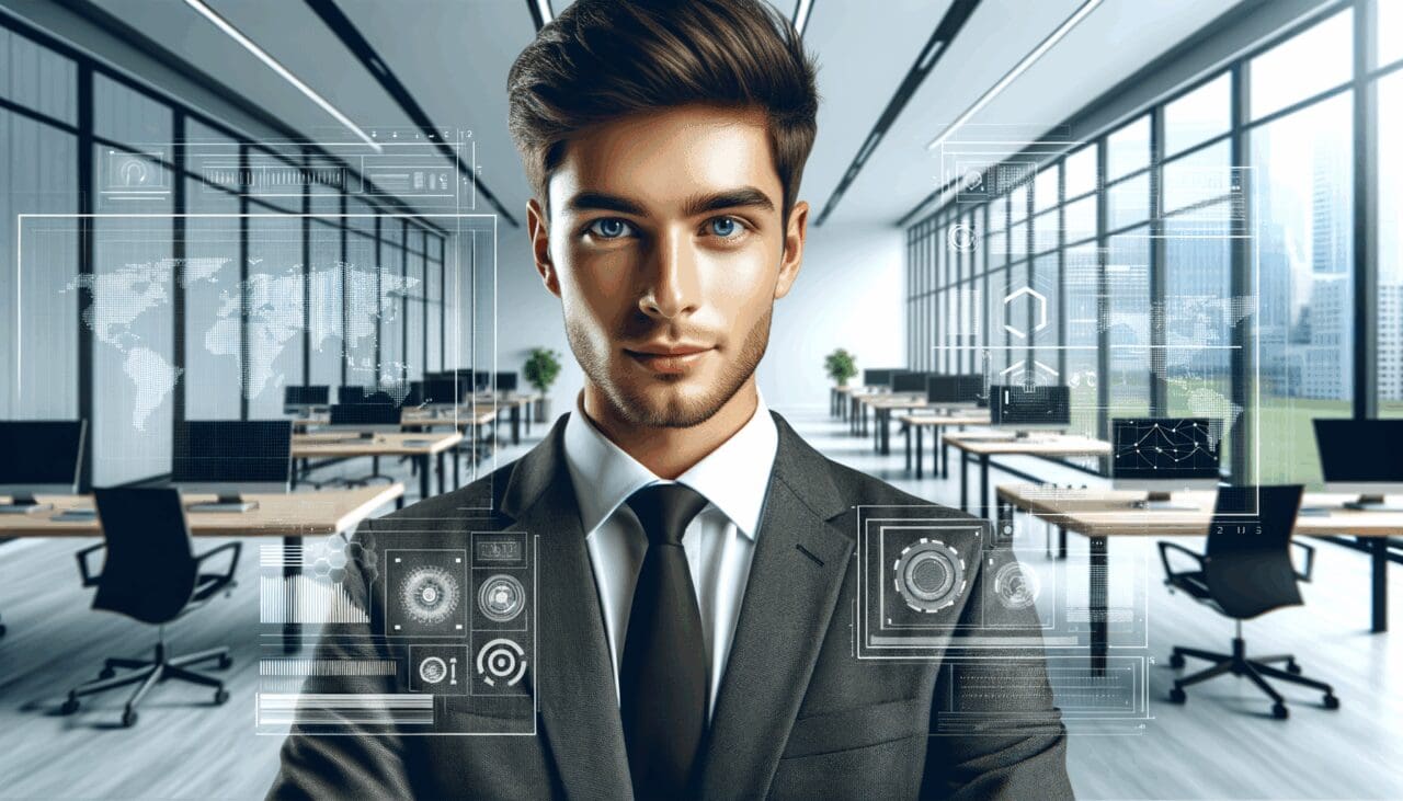 Primer plano de joven ejecutivo en una oficina moderna con pantallas digitales y gráficos tecnológicos, ambiente luminoso.