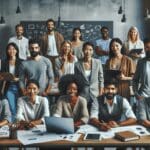 Grupo diverso de emprendedores colaborando en un espacio de coworking moderno con laptops y pizarras.