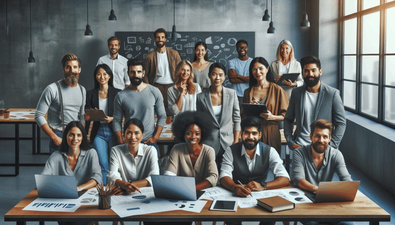 Grupo diverso de emprendedores colaborando en un espacio de coworking moderno con laptops y pizarras.