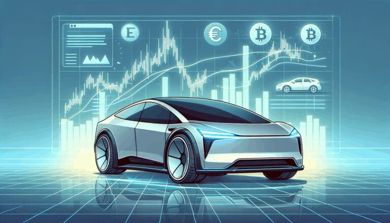 Ilustración minimalista de un automóvil eléctrico futurista sobre un fondo digital con gráficos de criptomonedas.