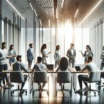 Retrato conceptual de un equipo de startups conversando en una moderna sala de reuniones, con pantallas digitales y luz natural.