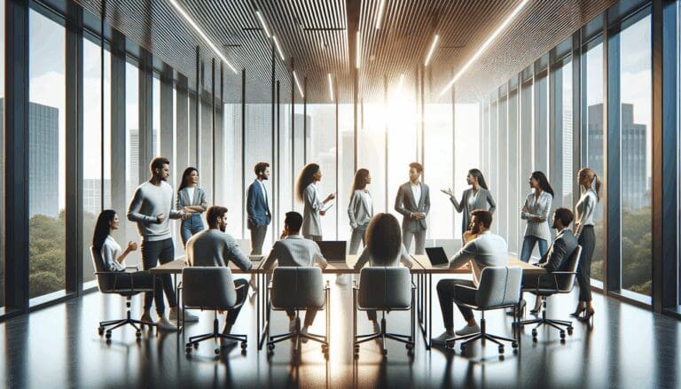 Retrato conceptual de un equipo de startups conversando en una moderna sala de reuniones, con pantallas digitales y luz natural.