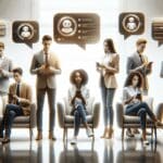 Jóvenes interactuando con asistentes virtuales en dispositivos móviles en un entorno moderno y minimalista.