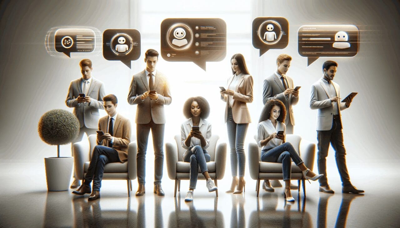 Jóvenes interactuando con asistentes virtuales en dispositivos móviles en un entorno moderno y minimalista.