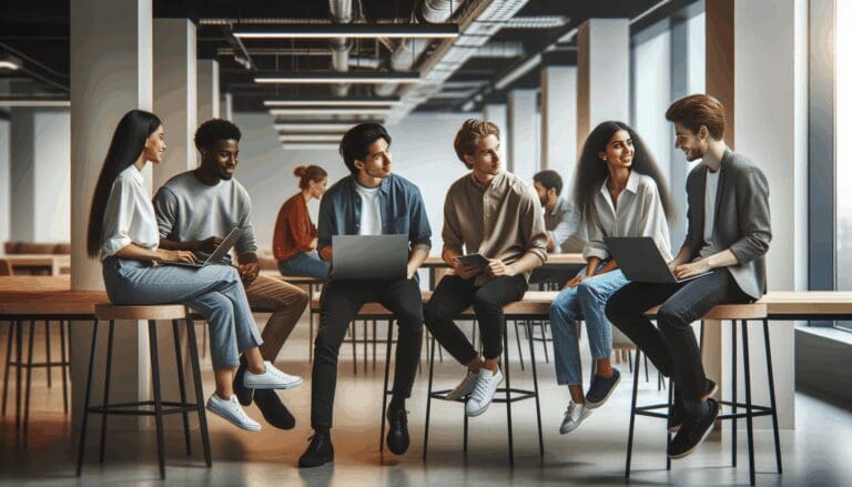 Jóvenes emprendedores conversando y trabajando en laptops en un espacio moderno de coworking.