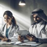 Doctores usando tabletas en un entorno médico moderno