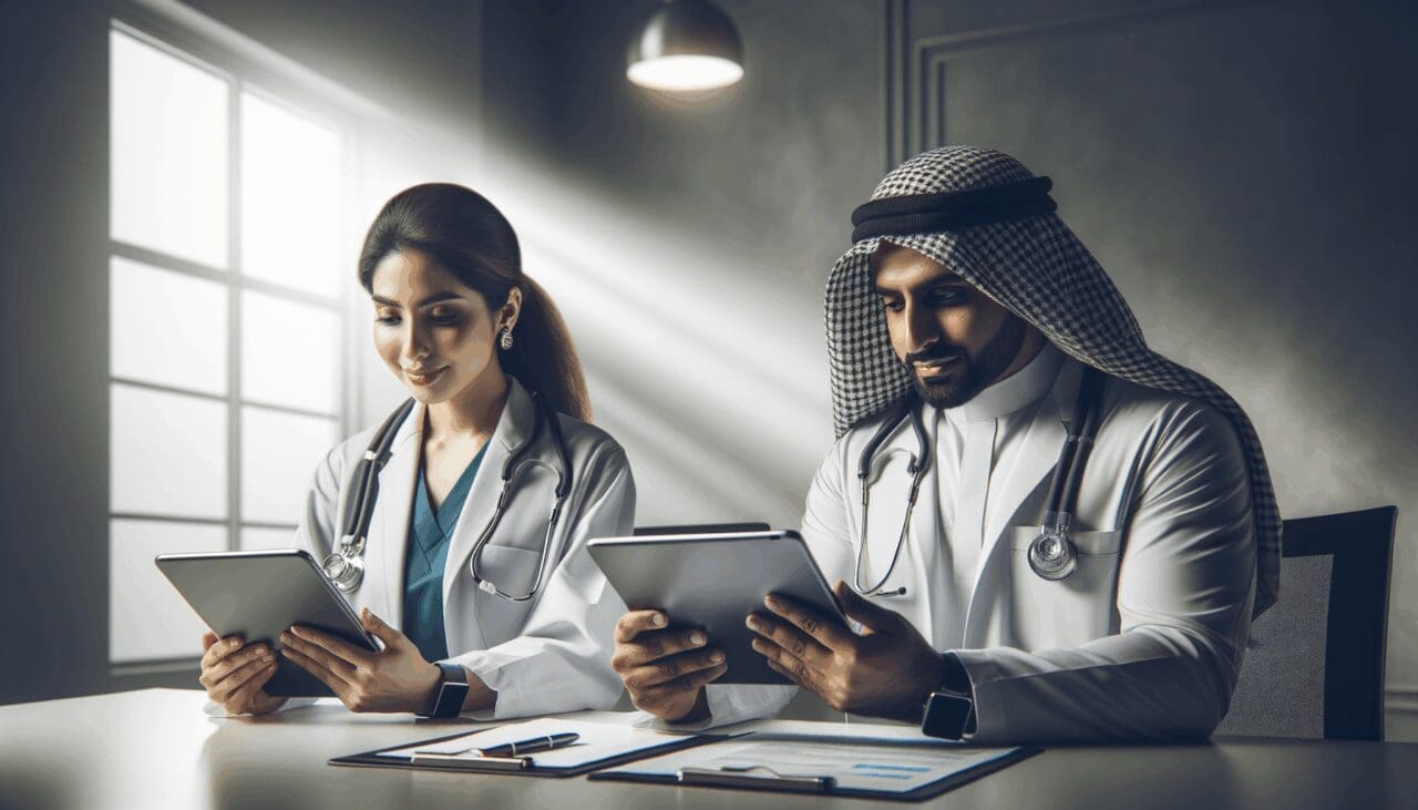 Doctores usando tabletas en un entorno médico moderno