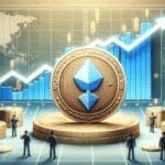Ilustración digital de monedas XRP flotando frente a gráficos de crecimiento en un ambiente moderno y tecnológico.