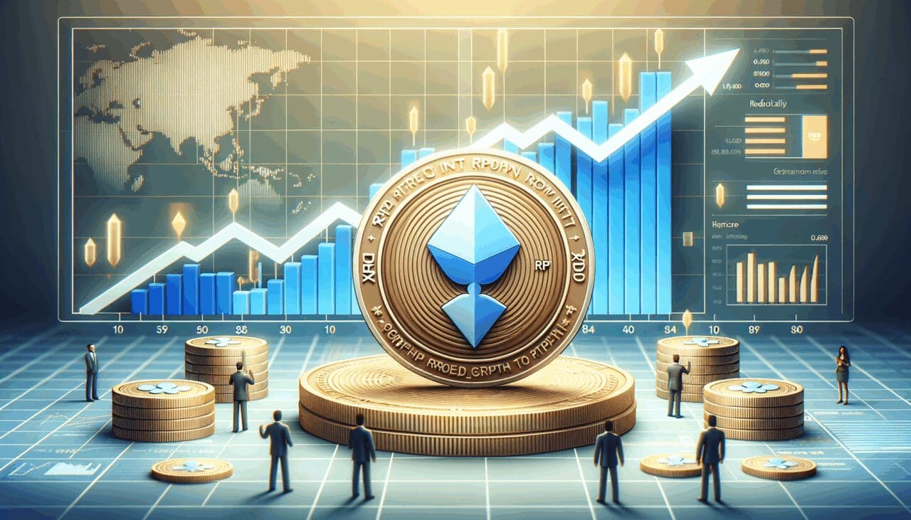 Ilustración digital de monedas XRP flotando frente a gráficos de crecimiento en un ambiente moderno y tecnológico.
