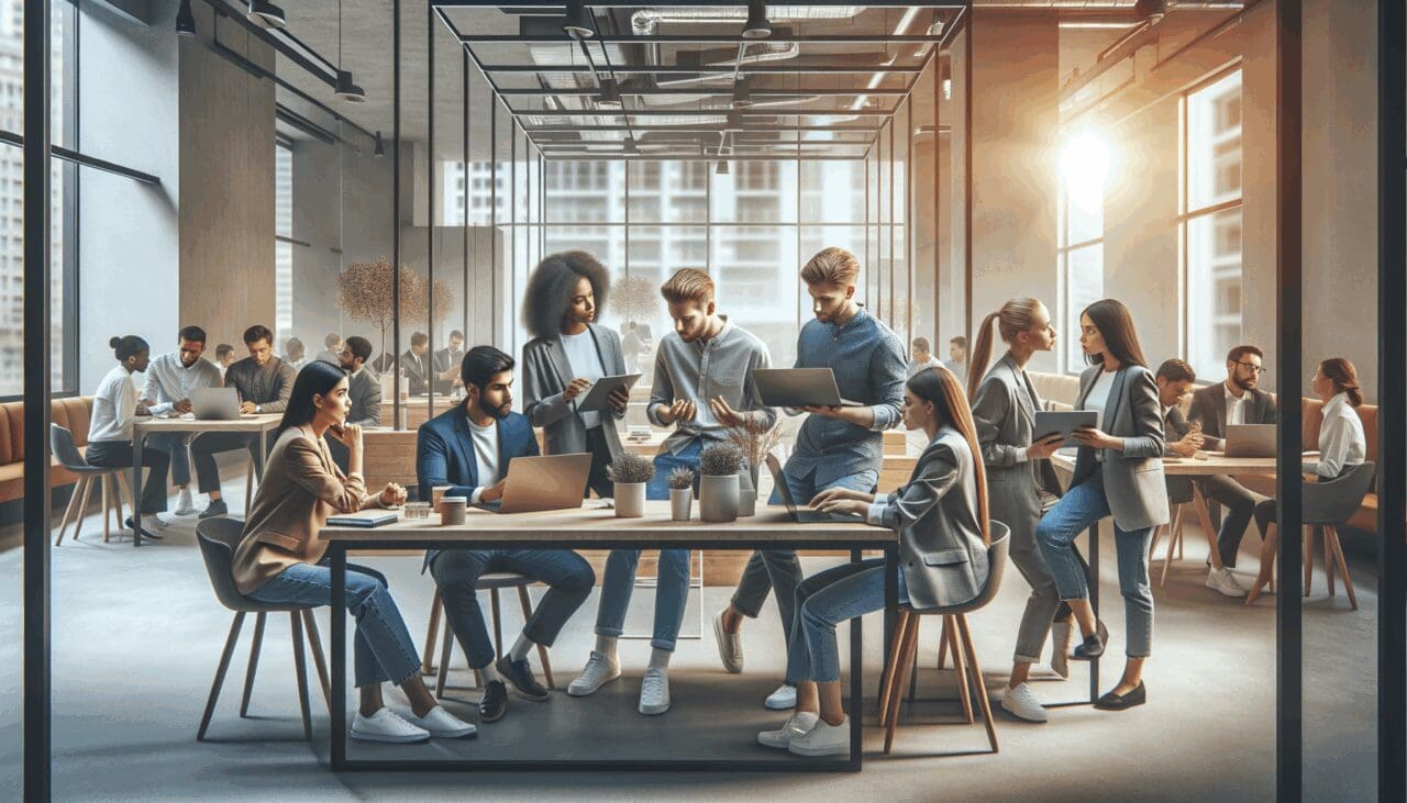 Grupo de jóvenes emprendedores colaborando en un espacio moderno de coworking con laptops y pizarras digitales.