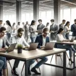 Espacio de coworking moderno con jóvenes emprendedores colaborando en computadoras portátiles.