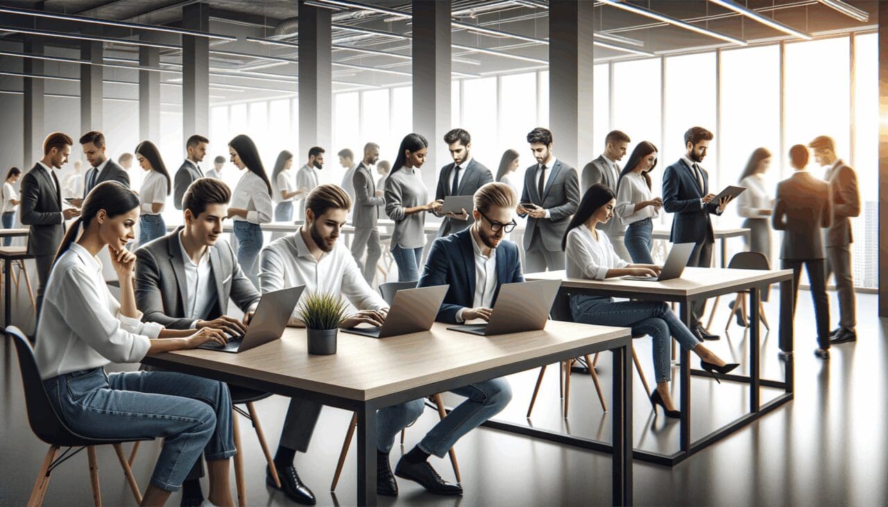 Espacio de coworking moderno con jóvenes emprendedores colaborando en computadoras portátiles.