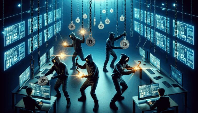 Ilustración de ciberdelincuentes manipulando cadenas de bloques digitales en un entorno oscuro y tecnológico.