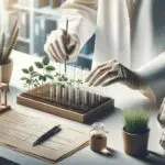 Primer plano de manos científicas trabajando con tubos de ensayo y plantas en laboratorio moderno