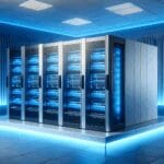 Centro de datos moderno con luces azules y racks de servidores en un entorno seguro.